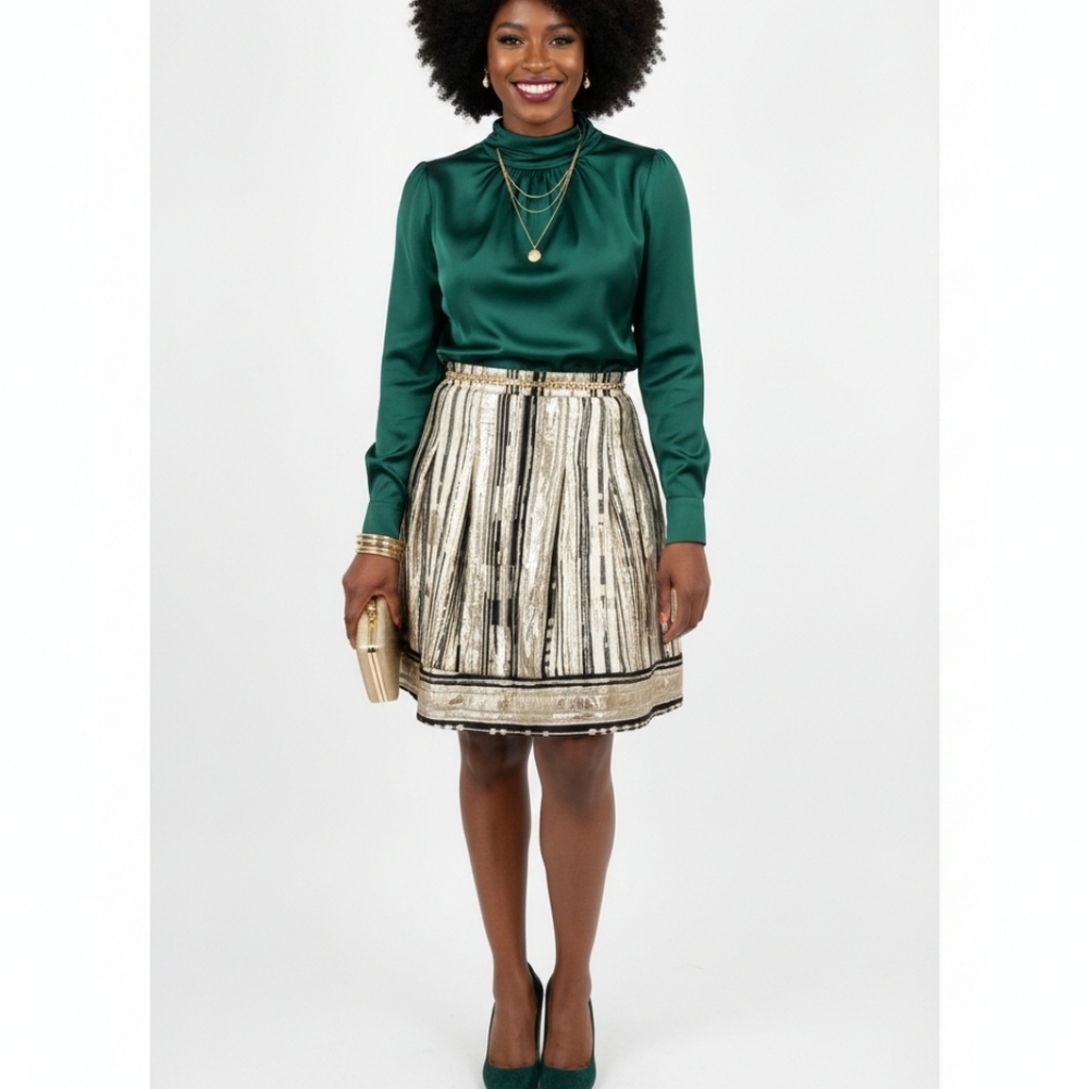 PACCIO womens M NWT gold & black metallic fit & flare mini skirt